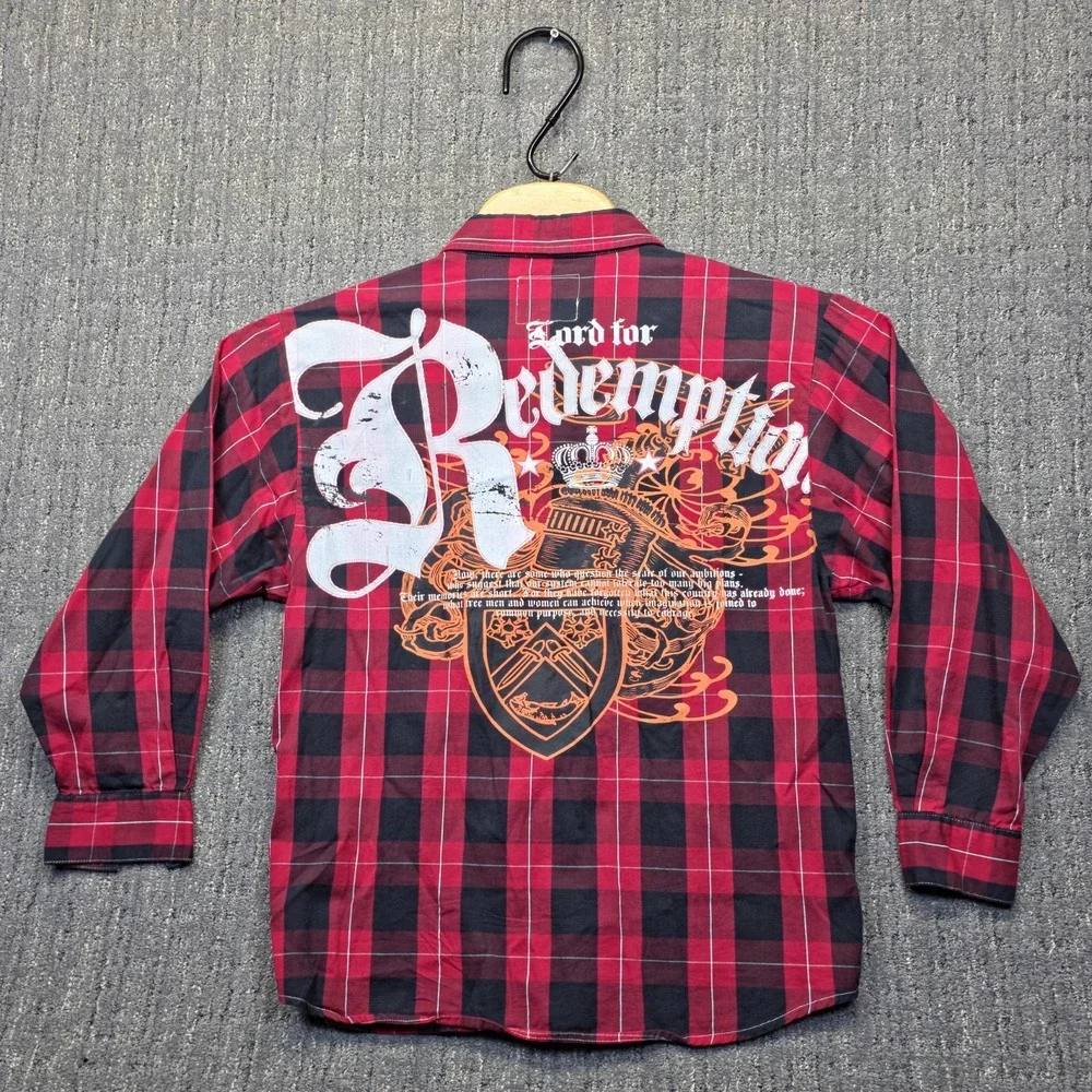 Respect & Honour Boys XL 18-20 Redemption Plaid Shirt Red Black Y2K Graphic Cool
